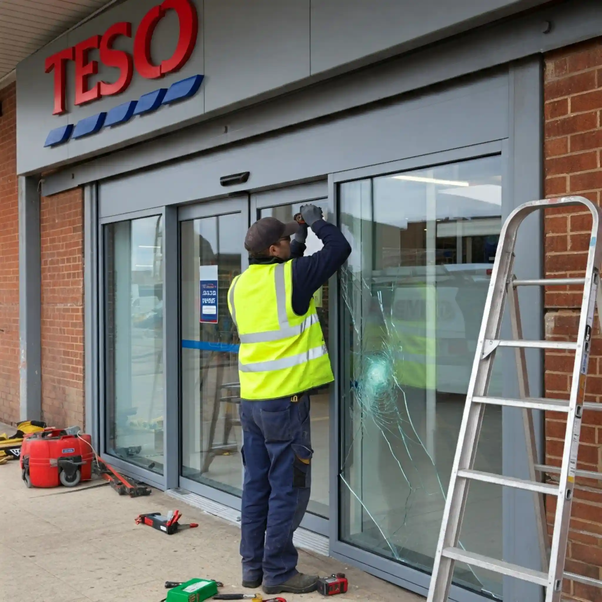 An emergency repair technician working on a commercial aluminium door in Beddington Corner.